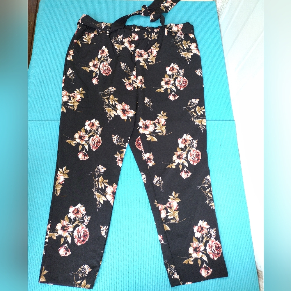 One by Chapter One Womens Floral Straight Tapered Belted Ankle Pants XL